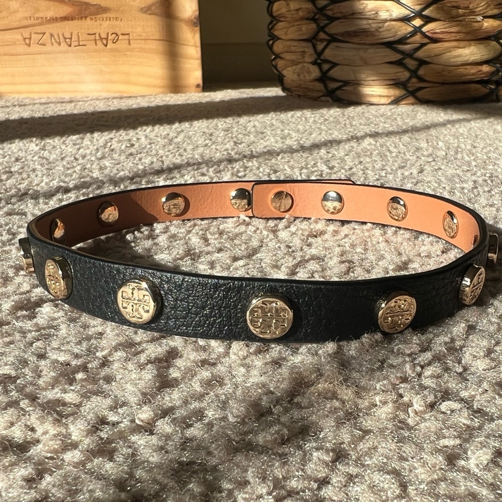 Tory Burch Double Wrap Logo Studded Bracelet Choker, Black Leather
